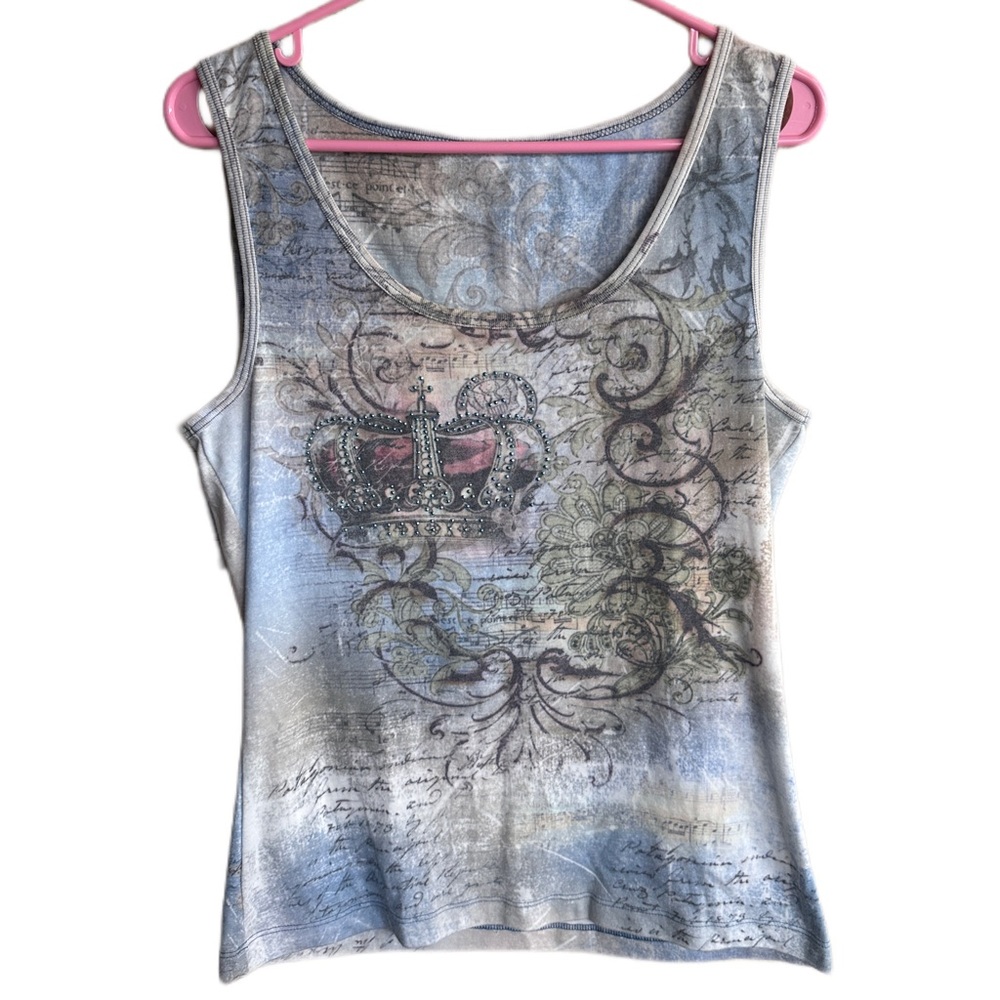 Y2k bling bedazzled tattoo tank top with hearts and crowns
